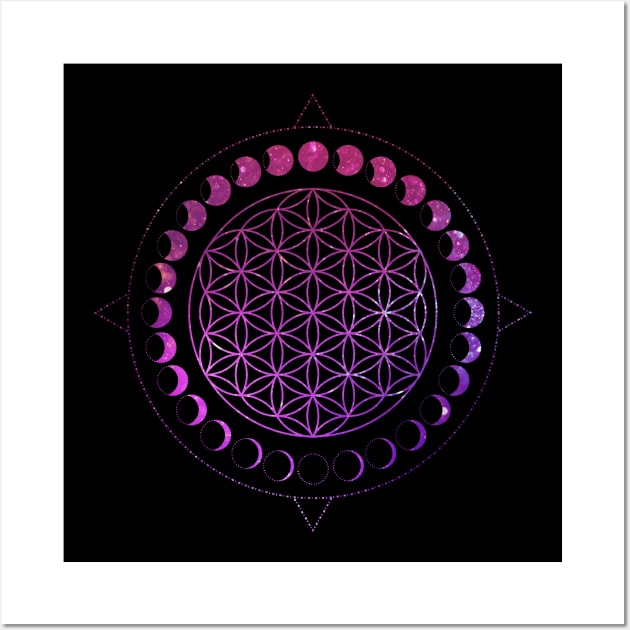 Moon Phases Flower Of Life Mandala Divine Geometry Wall Art by Foxxy Merch